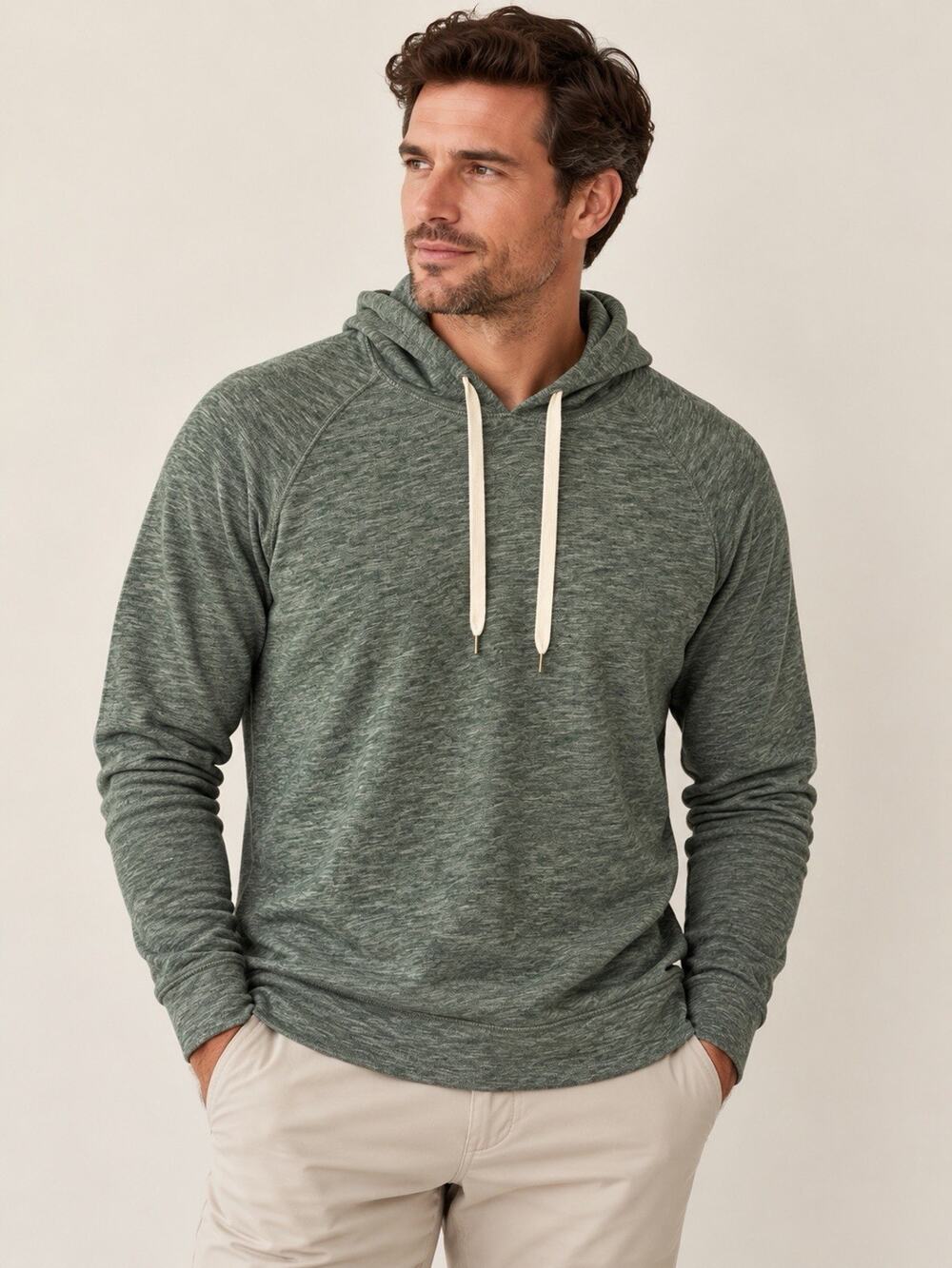Vince Mens Hoodie M Green 100% Cotton Slub Knit Pullover Lightweight Designer